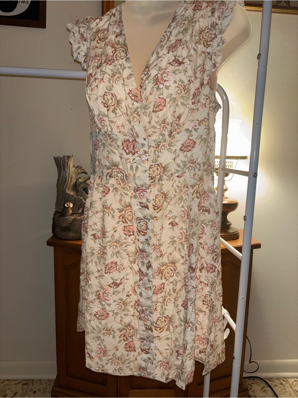 Cupshe Cream Floral Button-Front Mini Dress with Pink Roses